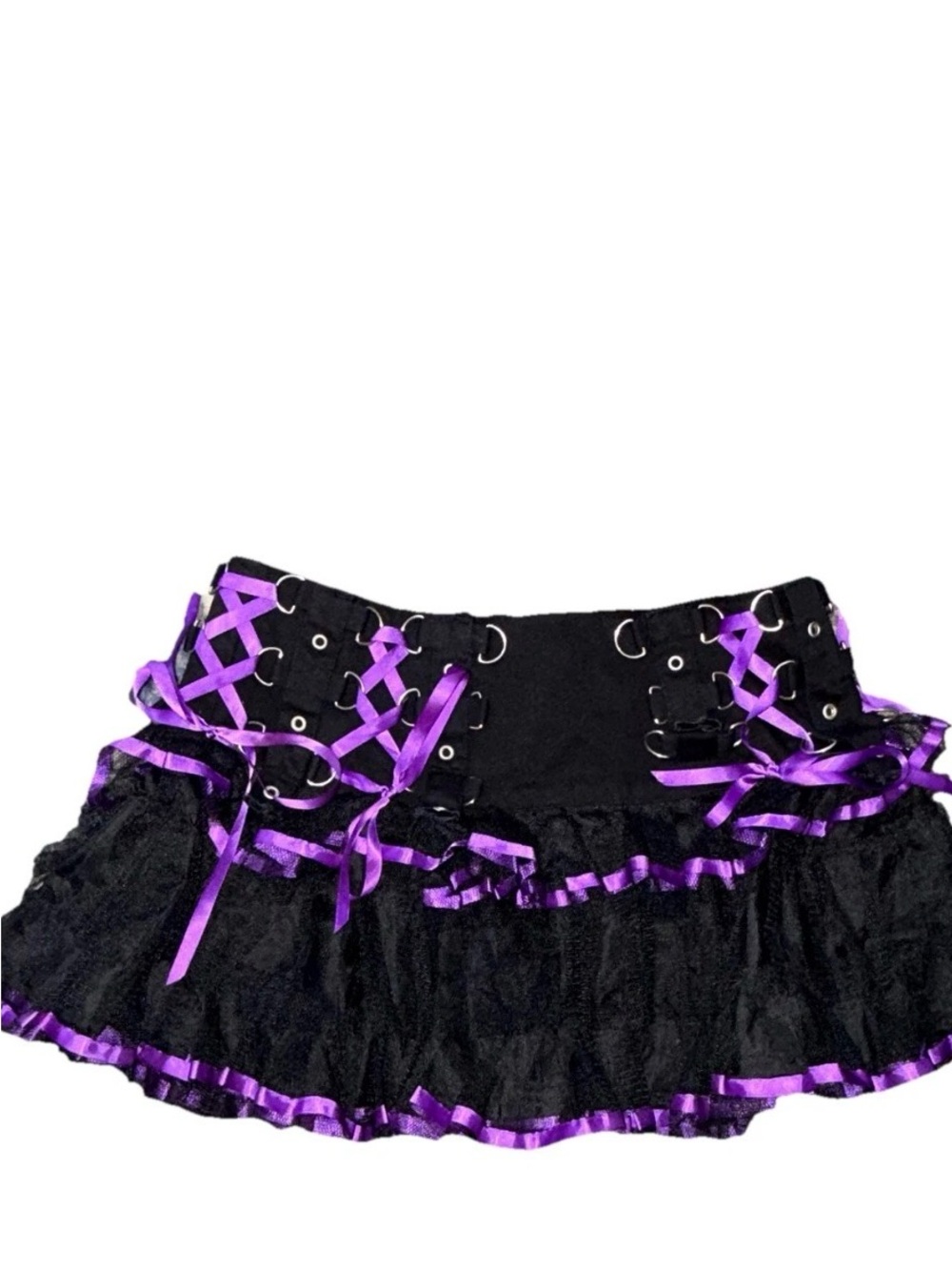 Hell Bunny Black Purple Lace Mini Skirt Ruffled Lace-Up Ribbon, Size S